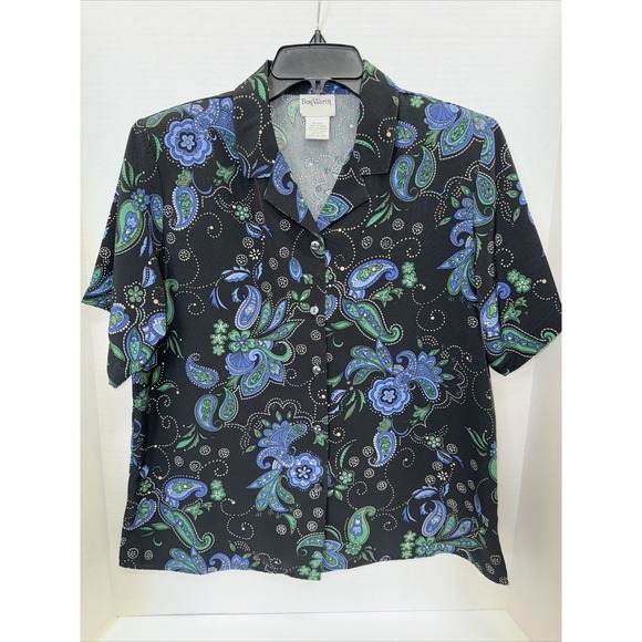 BonWorth Tops - Bon Worth BlouseWomen's Size XSM Petite Black/Blue Floral Short Sleeve Button Up